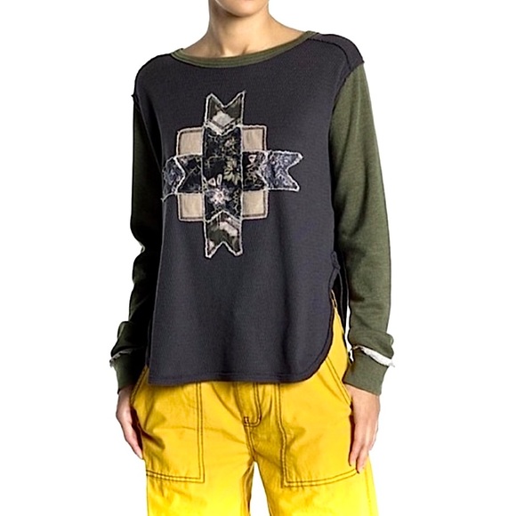 NWT Free People Lonestar Boho Patchwork Waffle Tee - Picture 6 of 7